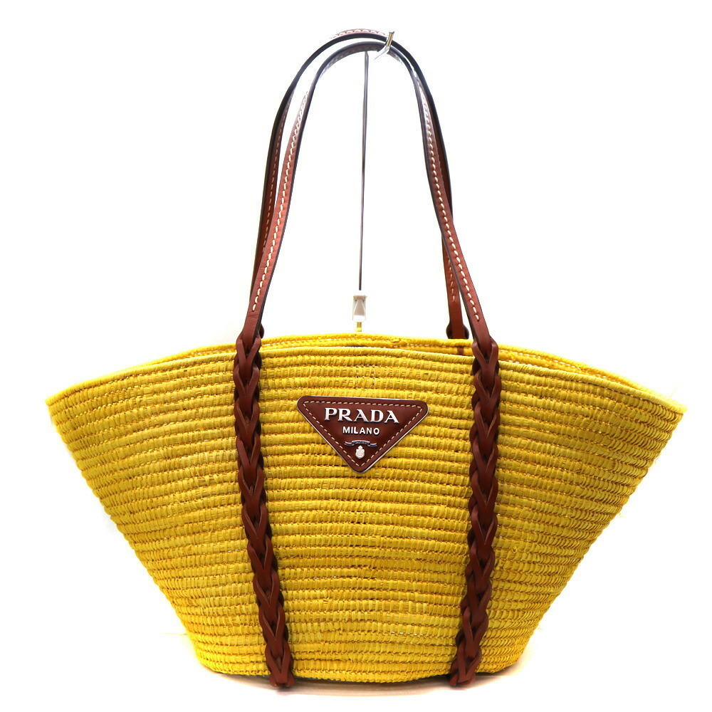 PRADA Handbag Straw Tan Leather Yellow Tone
